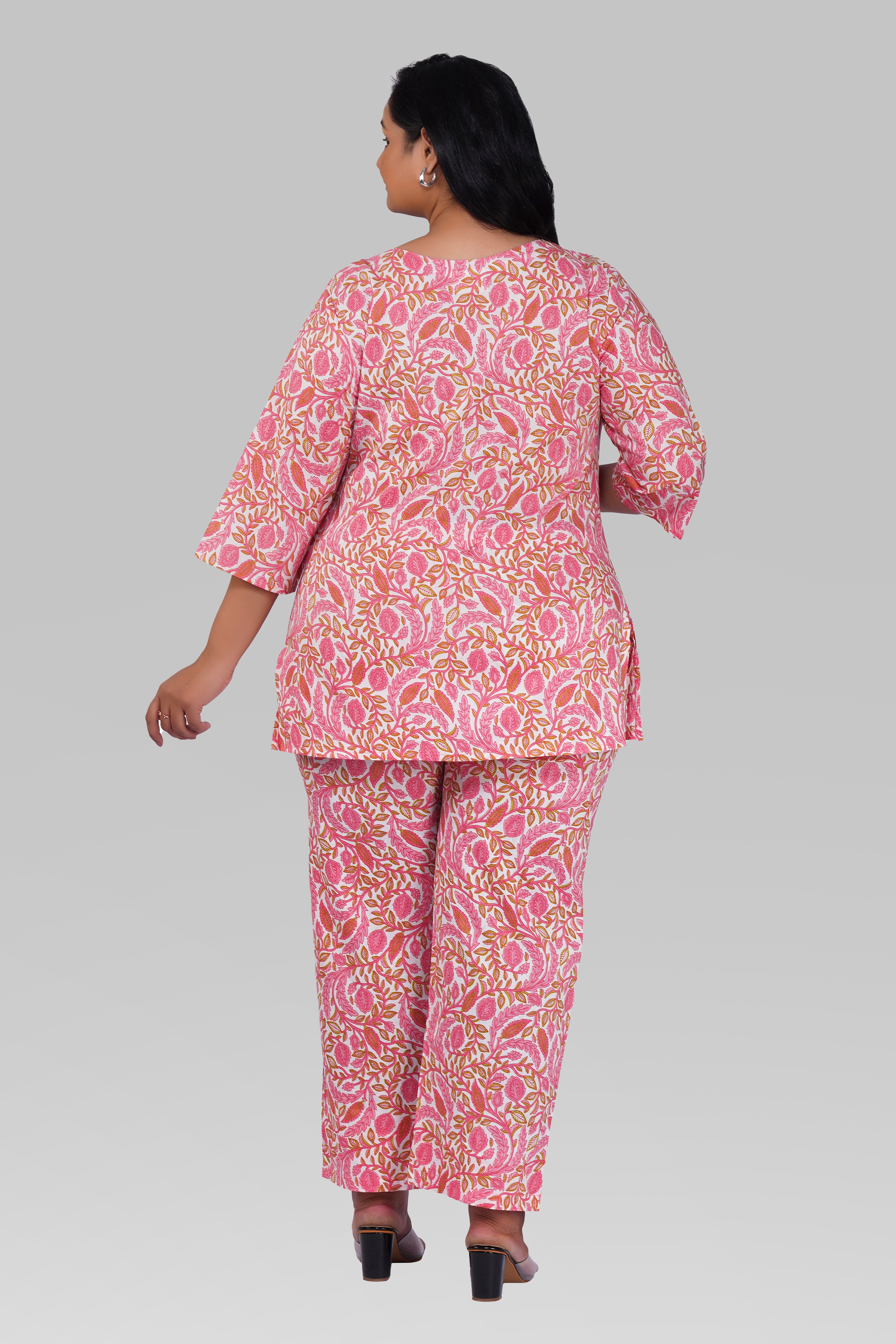 Flamingo Pink Plus Size Cotton Printed Pyjama Set