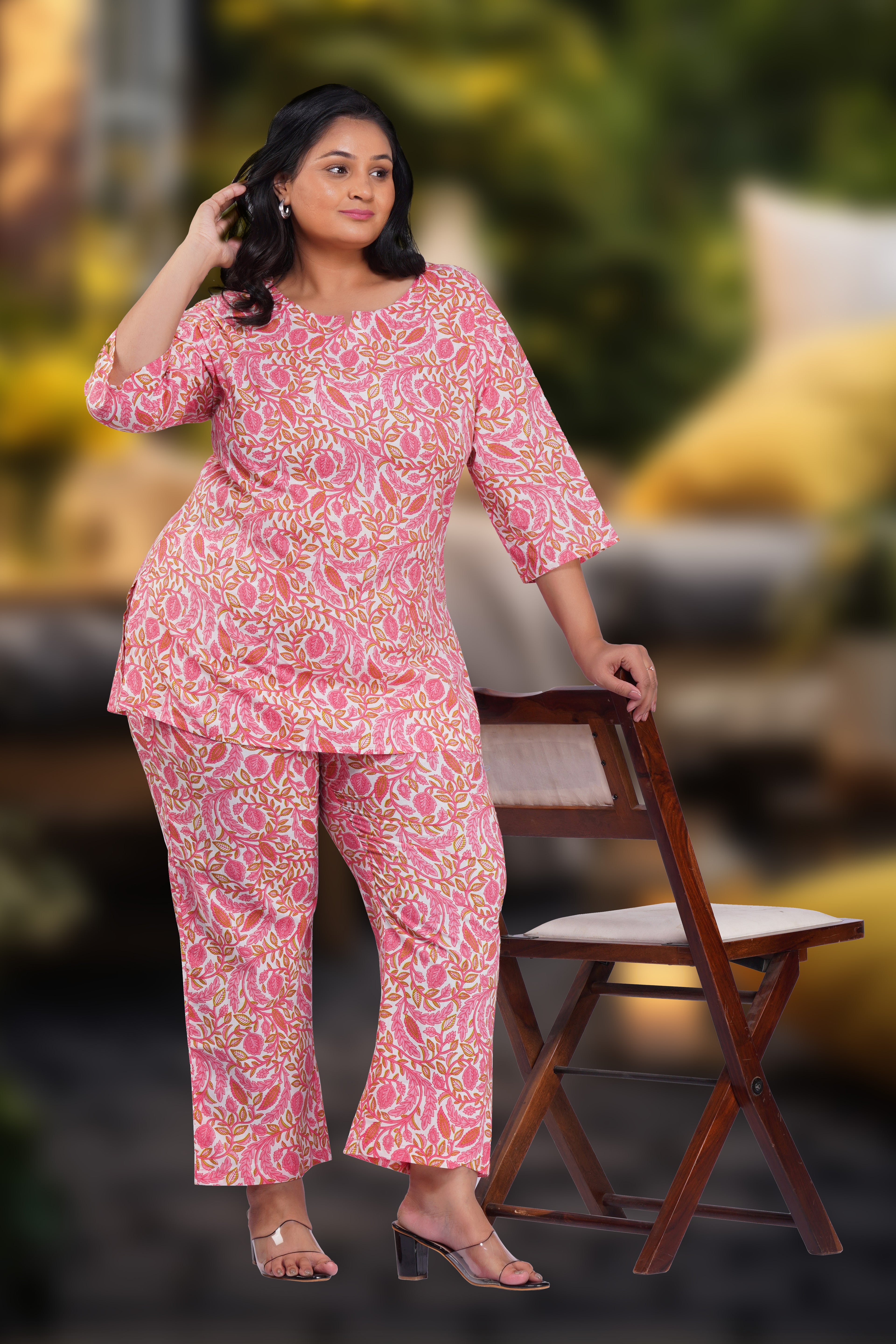 Flamingo Pink Plus Size Cotton Printed Pyjama Set