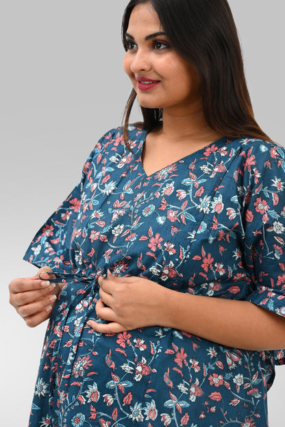 Floral Maternity and Feeding Kaftan Set in Blue
