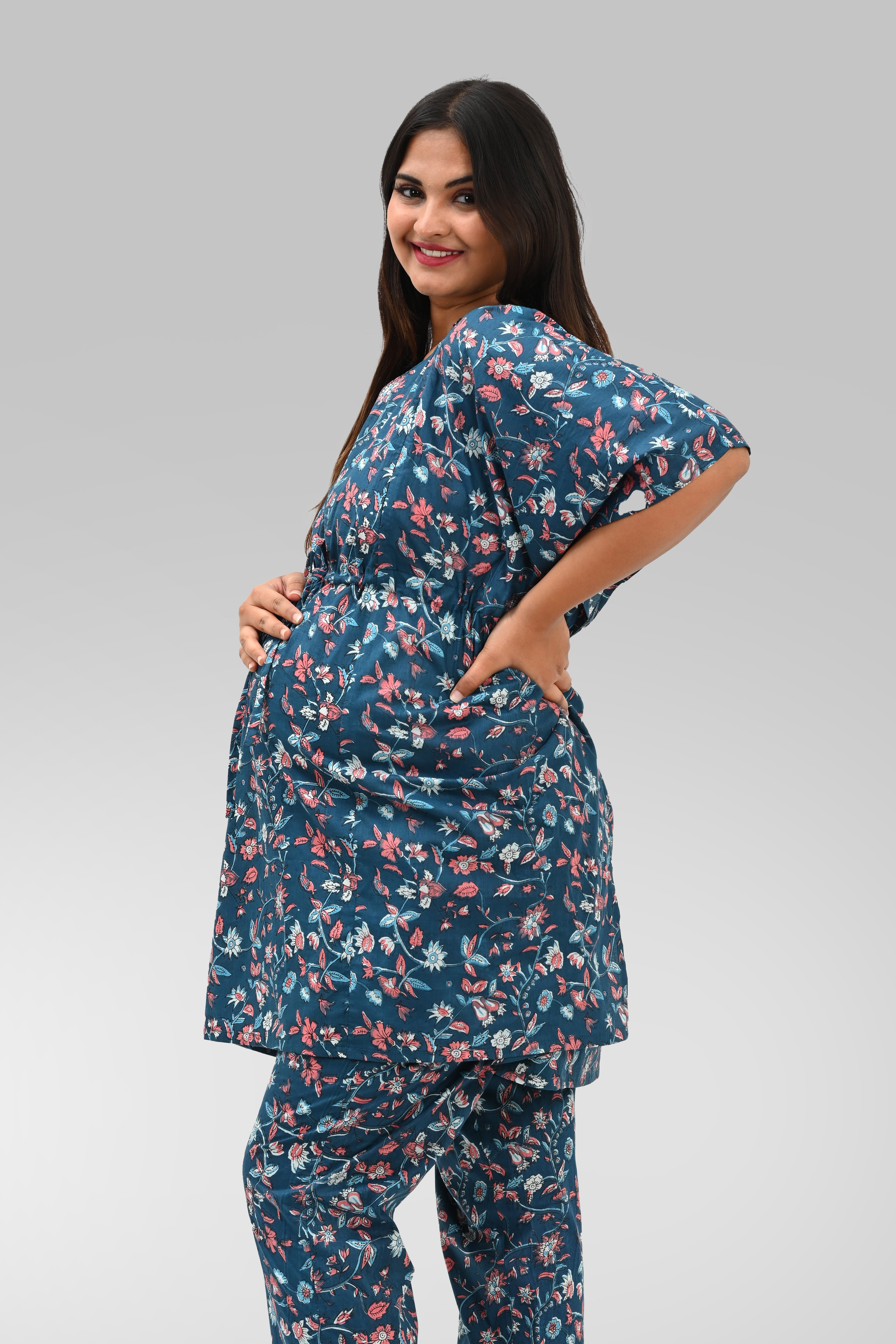 Floral Maternity and Feeding Kaftan Set in Blue