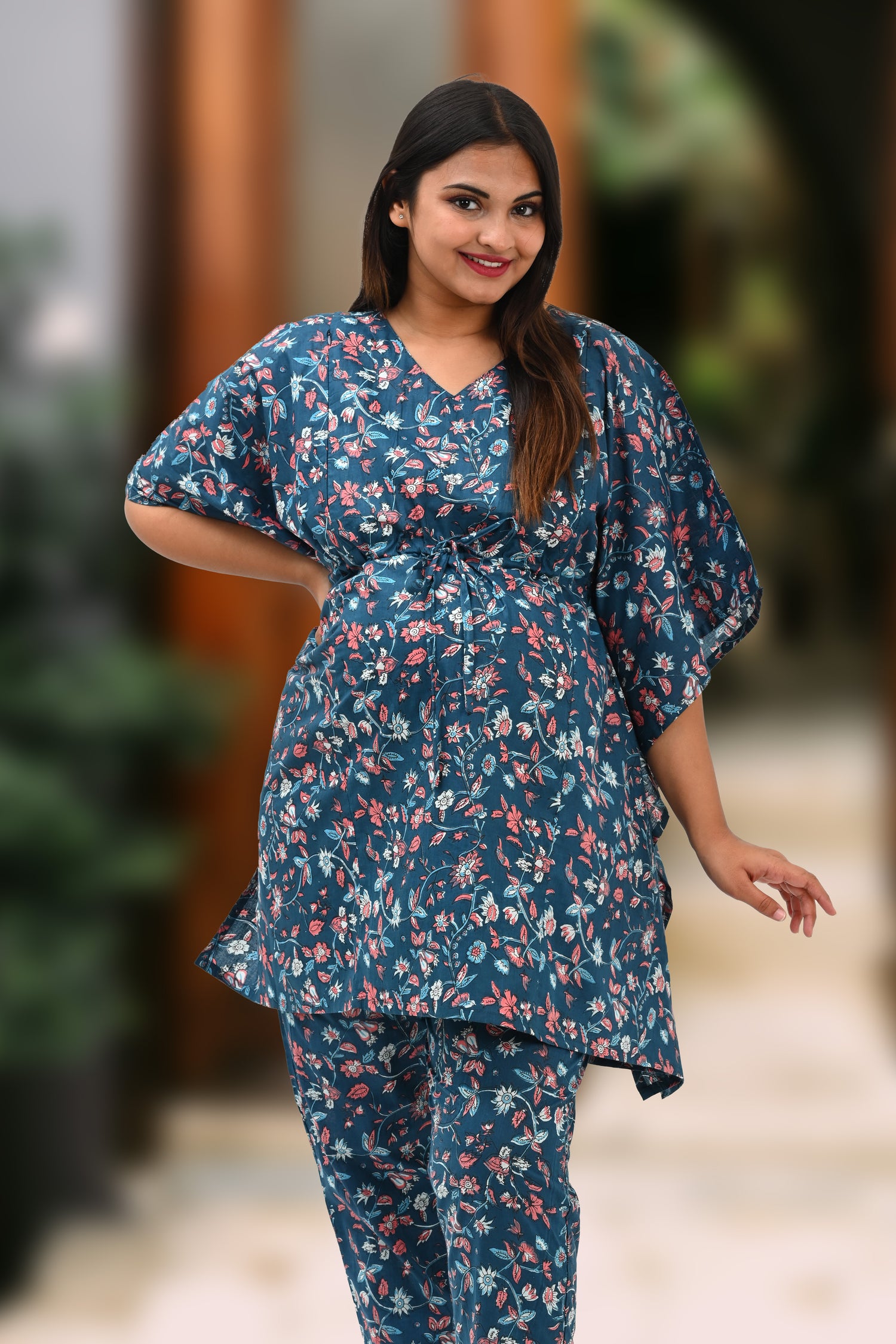 Floral Maternity and Feeding Kaftan Set in Blue