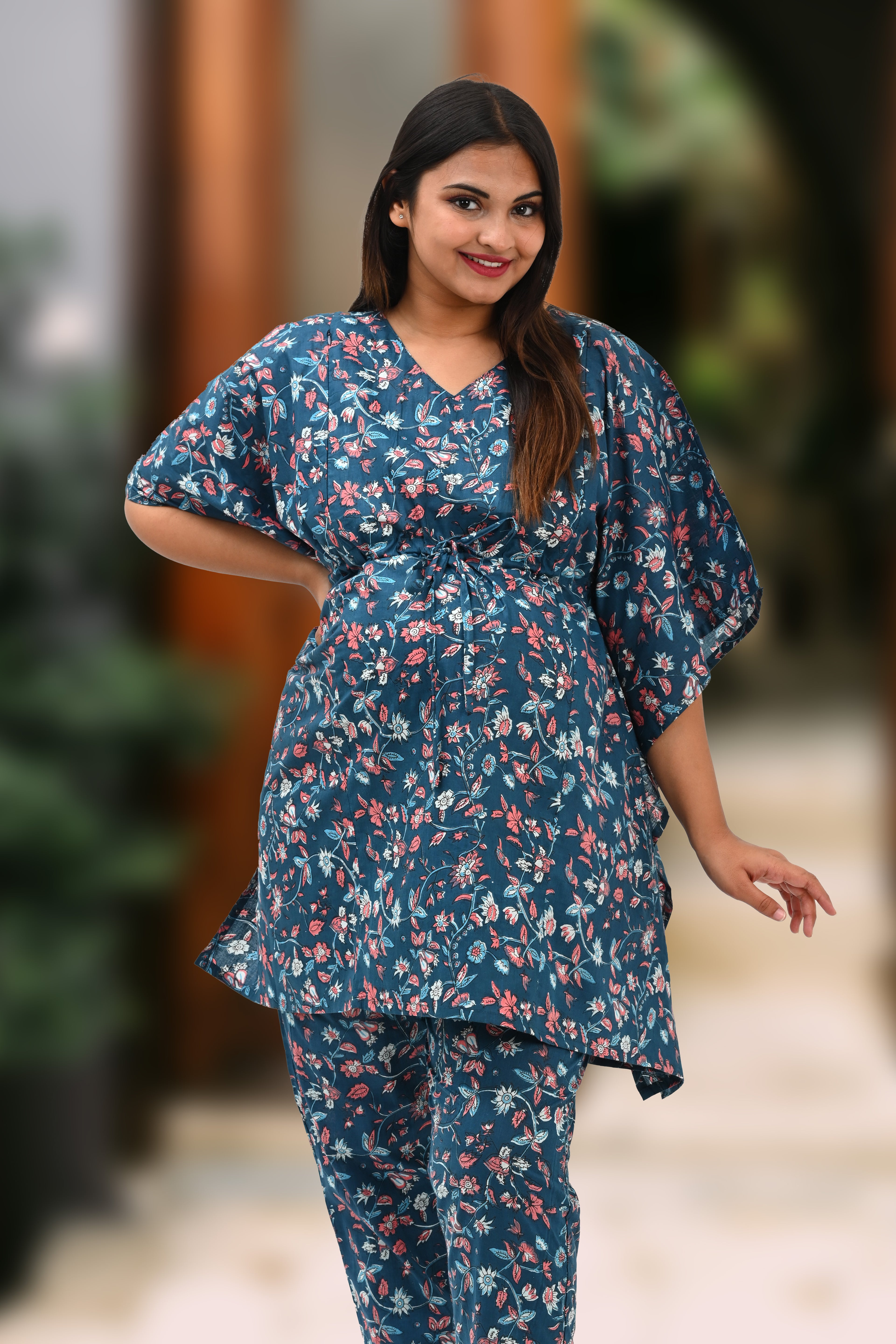 Floral Maternity and Feeding Kaftan Set in Blue