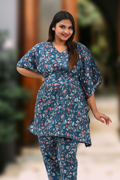 Floral Maternity and Feeding Kaftan Set in Blue