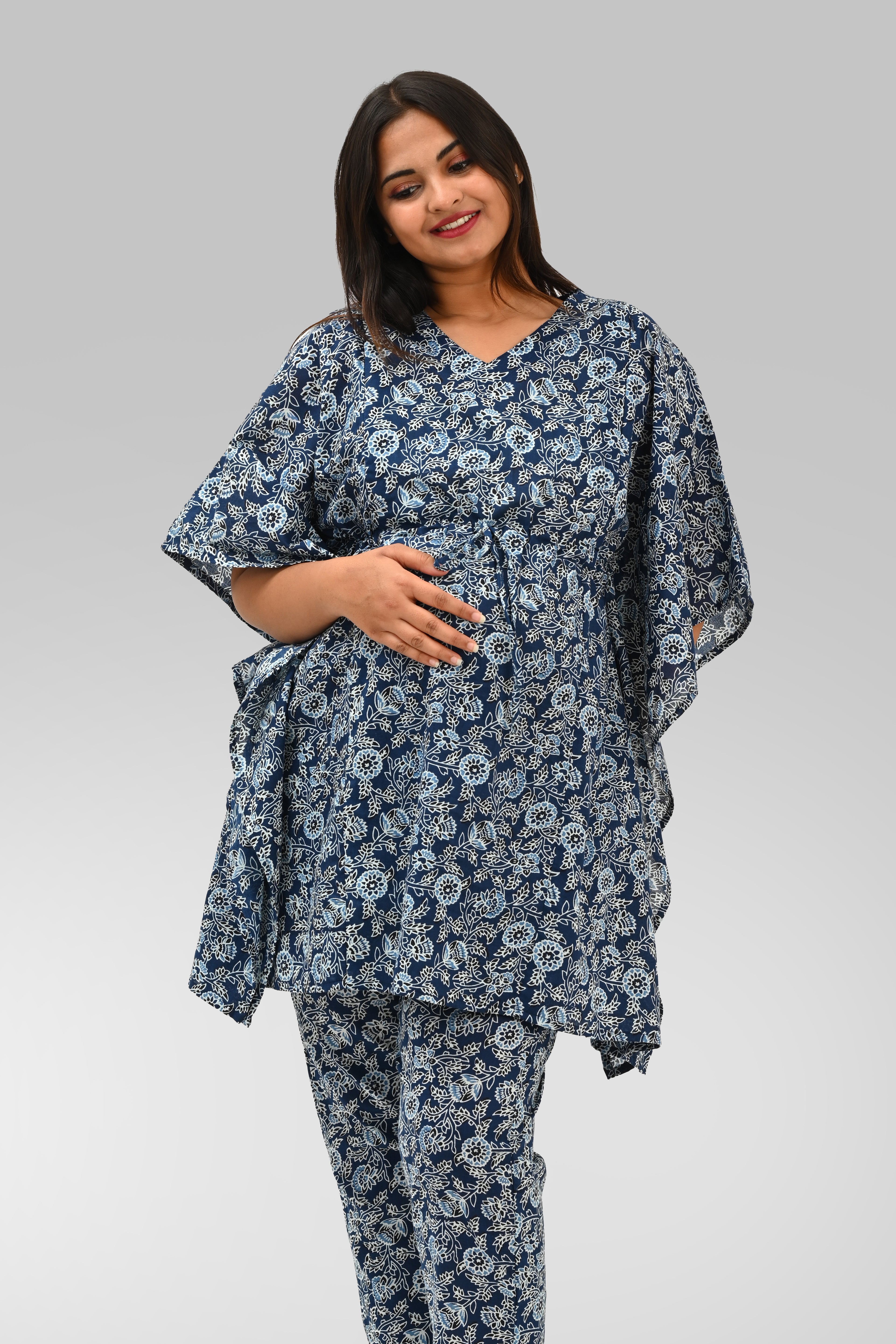 Floral Maternity and Feeding Kaftan Set in Deep Blue