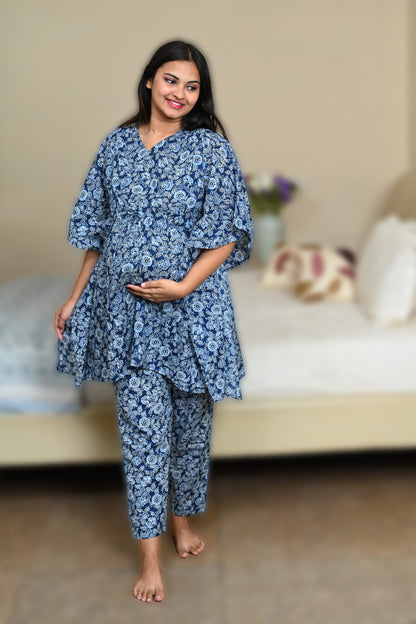 Floral Maternity and Feeding Kaftan Set in Deep Blue