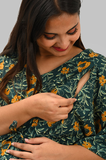Floral Maternity and Feeding Kaftan Set in Green