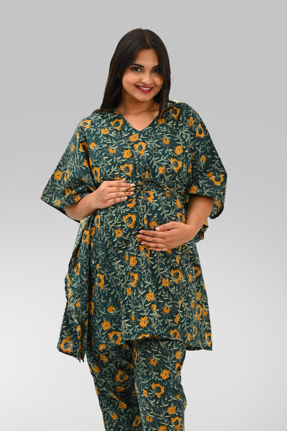 Floral Maternity and Feeding Kaftan Set in Green