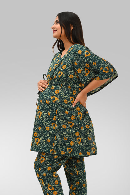 Floral Maternity and Feeding Kaftan Set in Green