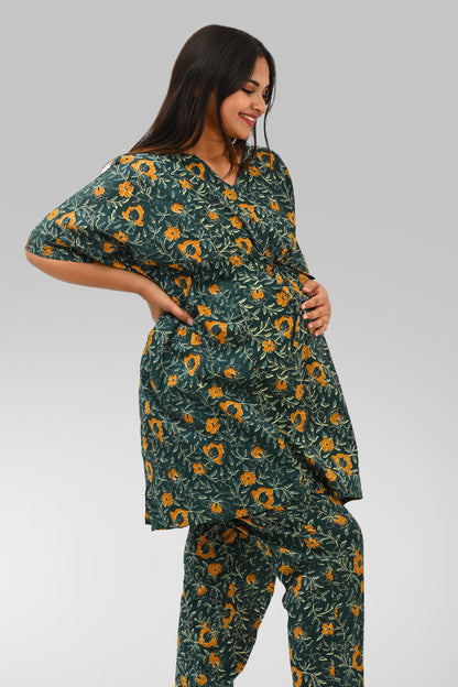 Floral Maternity and Feeding Kaftan Set in Green