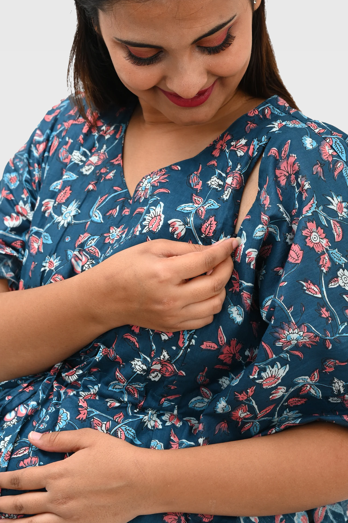 Floral Maternity and Feeding Kaftan Set in Blue
