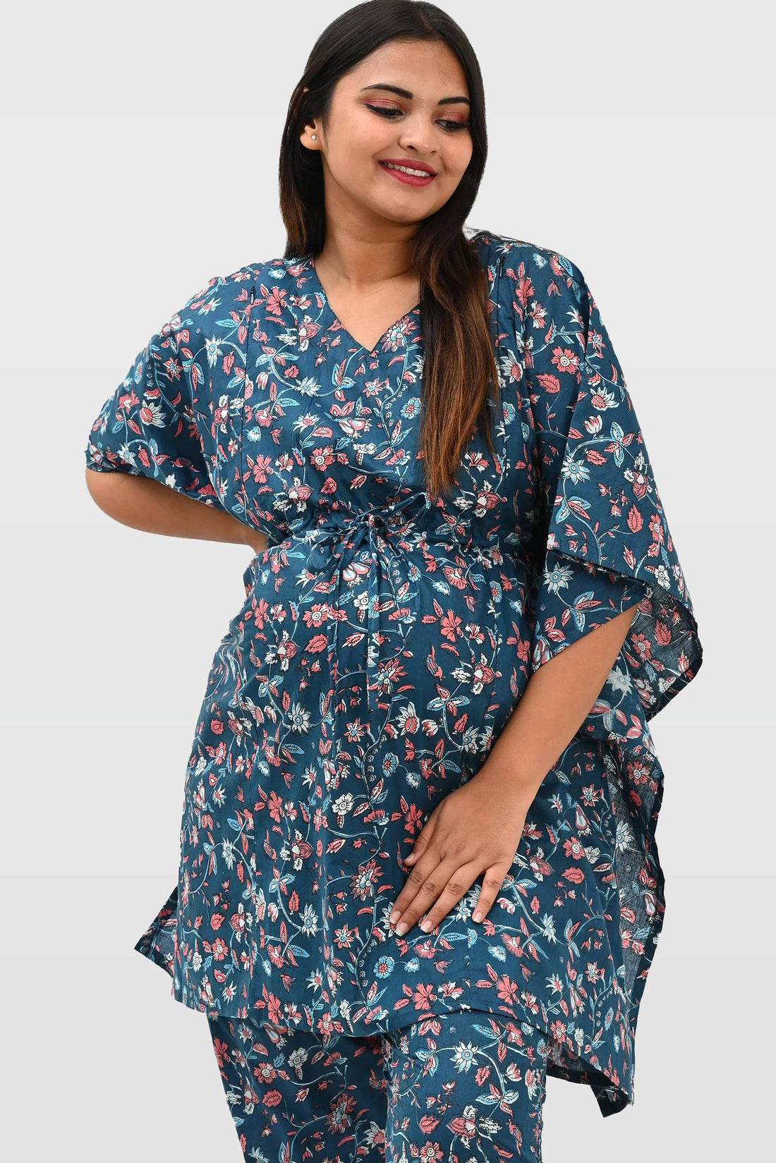 Floral Maternity and Feeding Kaftan Set in Blue