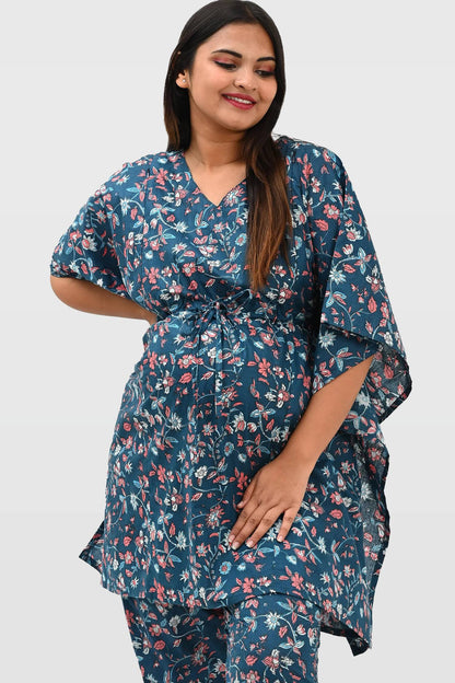 Floral Maternity and Feeding Kaftan Set in Blue