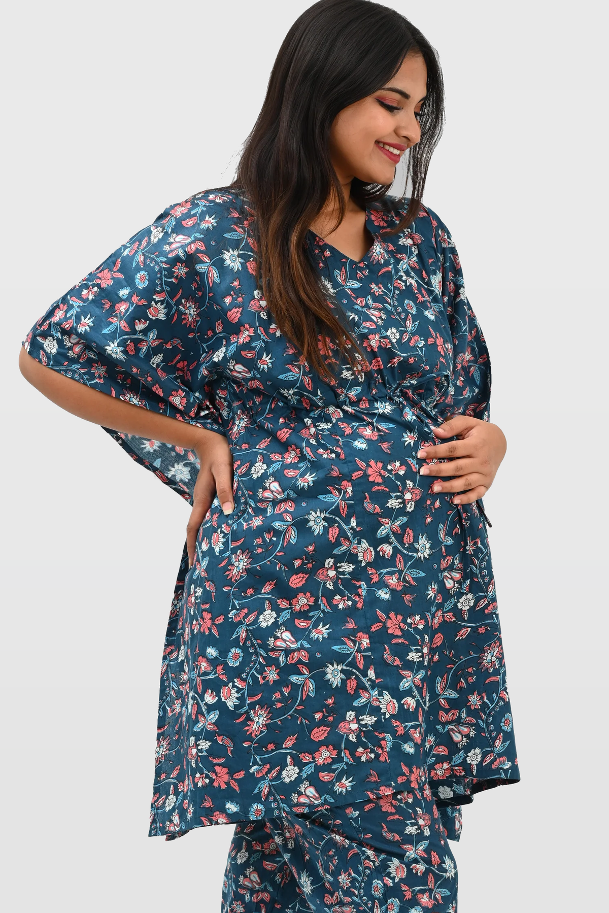 Floral Maternity and Feeding Kaftan Set in Blue