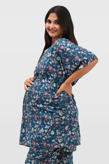 Floral Maternity and Feeding Kaftan Set in Blue