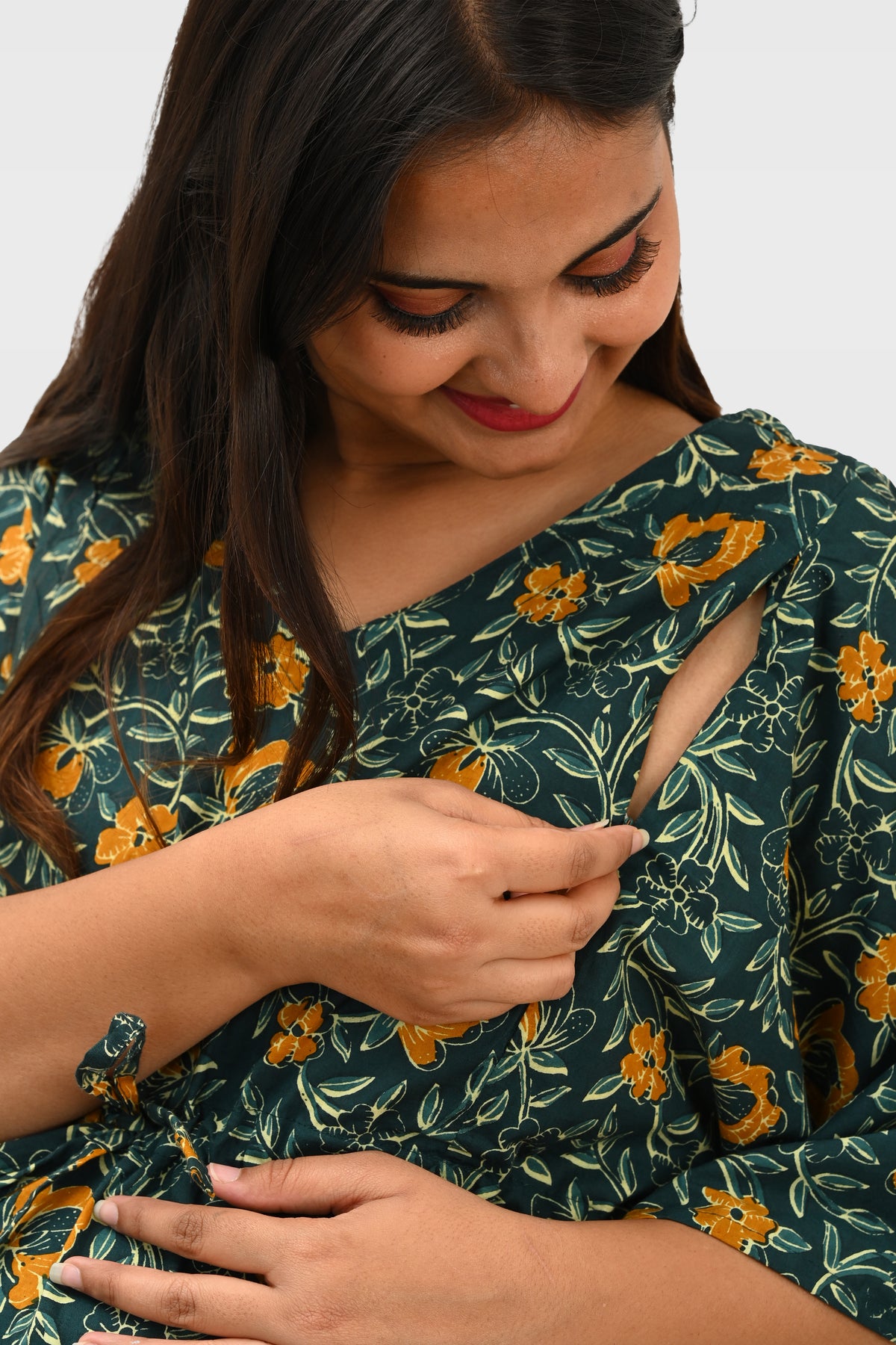 Floral Maternity and Feeding Kaftan Set in Green