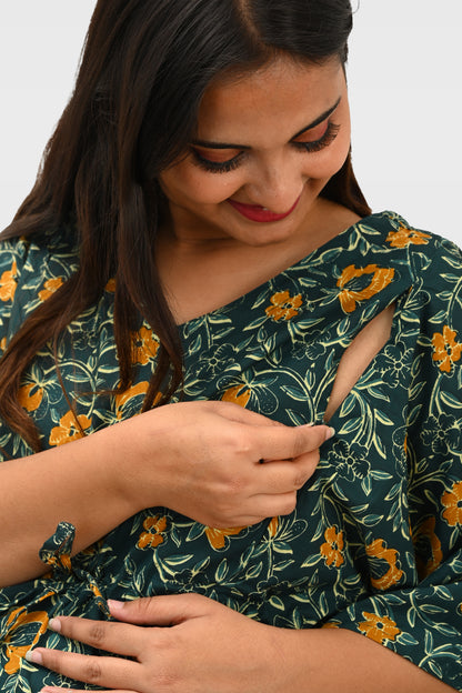 Floral Maternity and Feeding Kaftan Set in Green