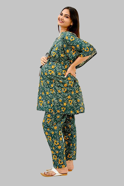 Floral Maternity and Feeding Kaftan Set in Green