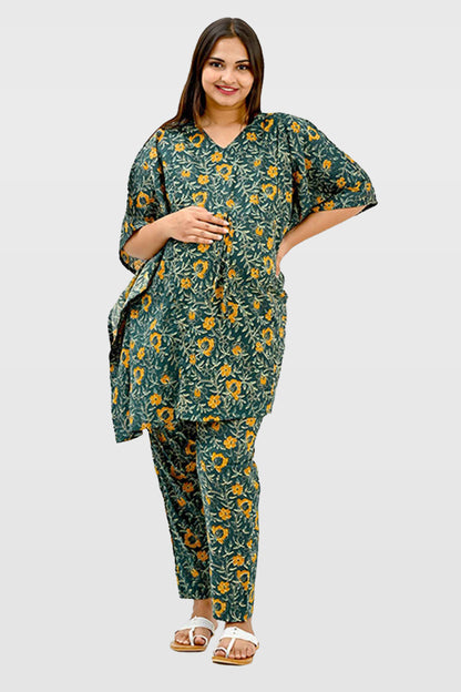Floral Maternity and Feeding Kaftan Set in Green