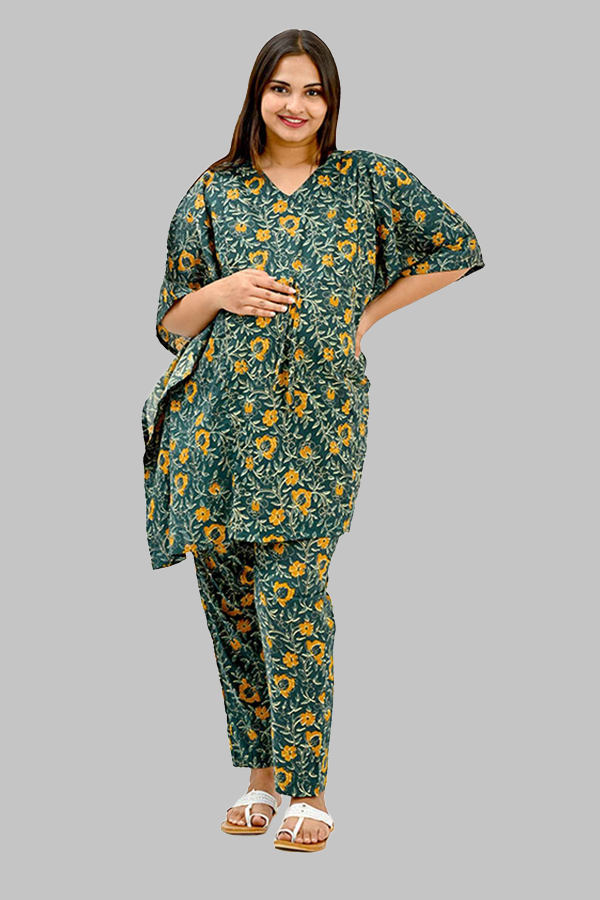 Floral Maternity and Feeding Kaftan Set in Green