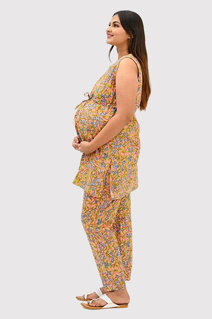Floral Maternity and Feeding Kurta Set in Peach
