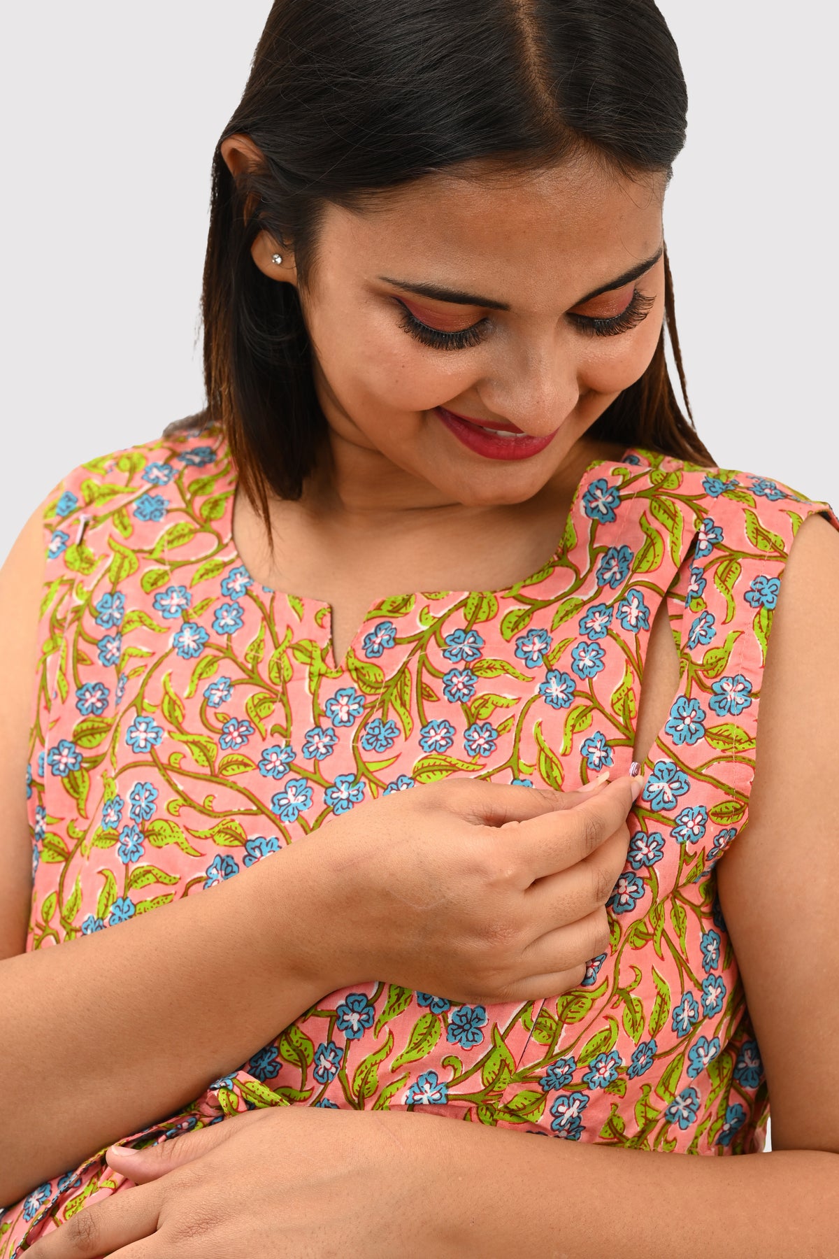 Floral Maternity and Feeding Kurta Set in Peach