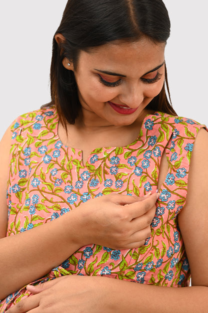 Floral Maternity and Feeding Kurta Set in Peach