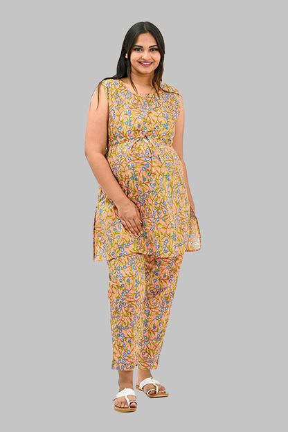 Floral Maternity and Feeding Kurta Set in Peach