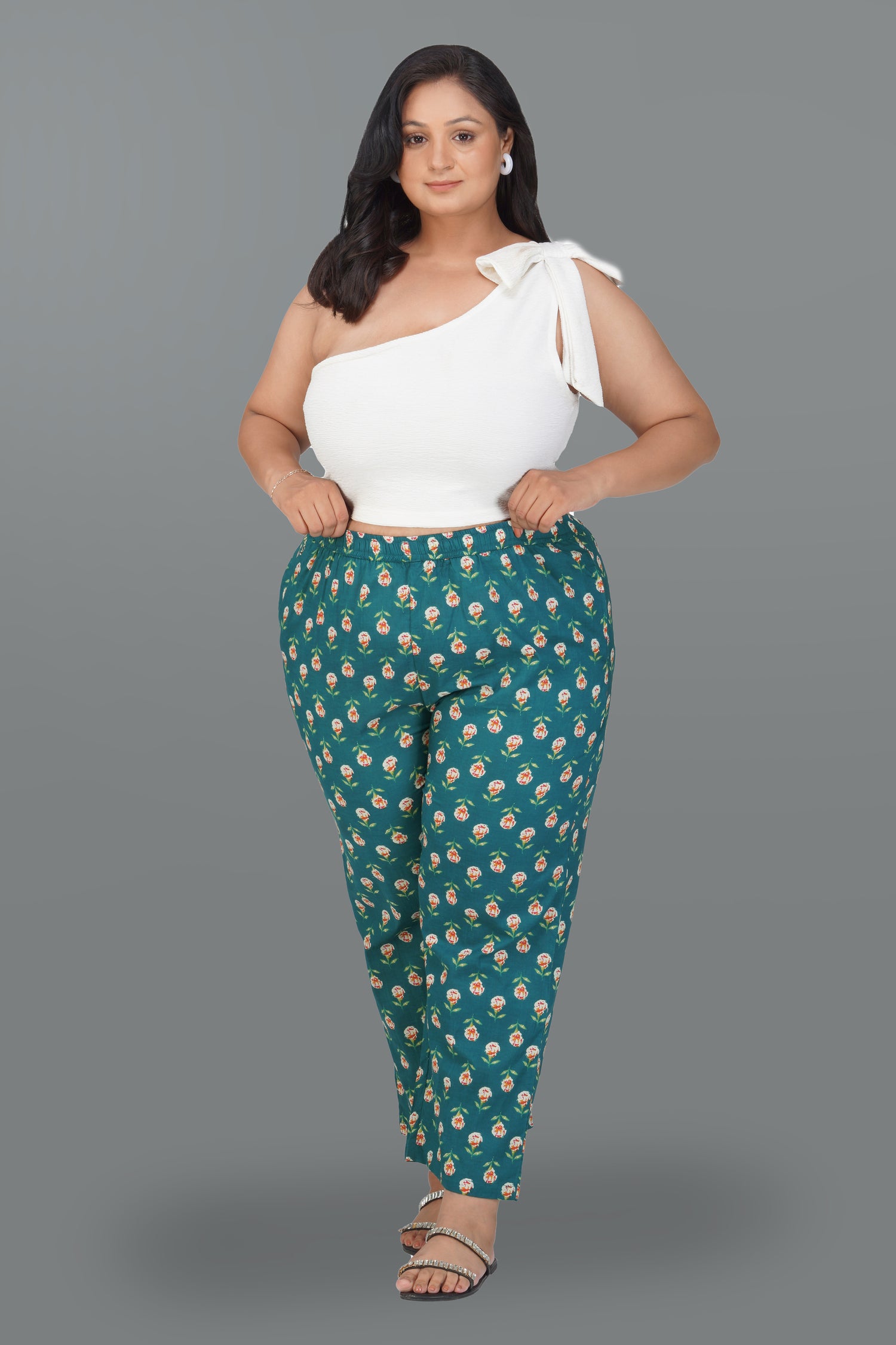 Pine Green Plus Size Cotton Printed Bottom
