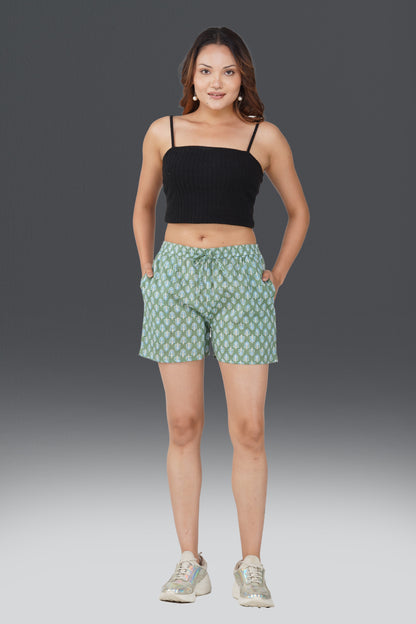 Dark Sea Green Cotton Printed Shorts