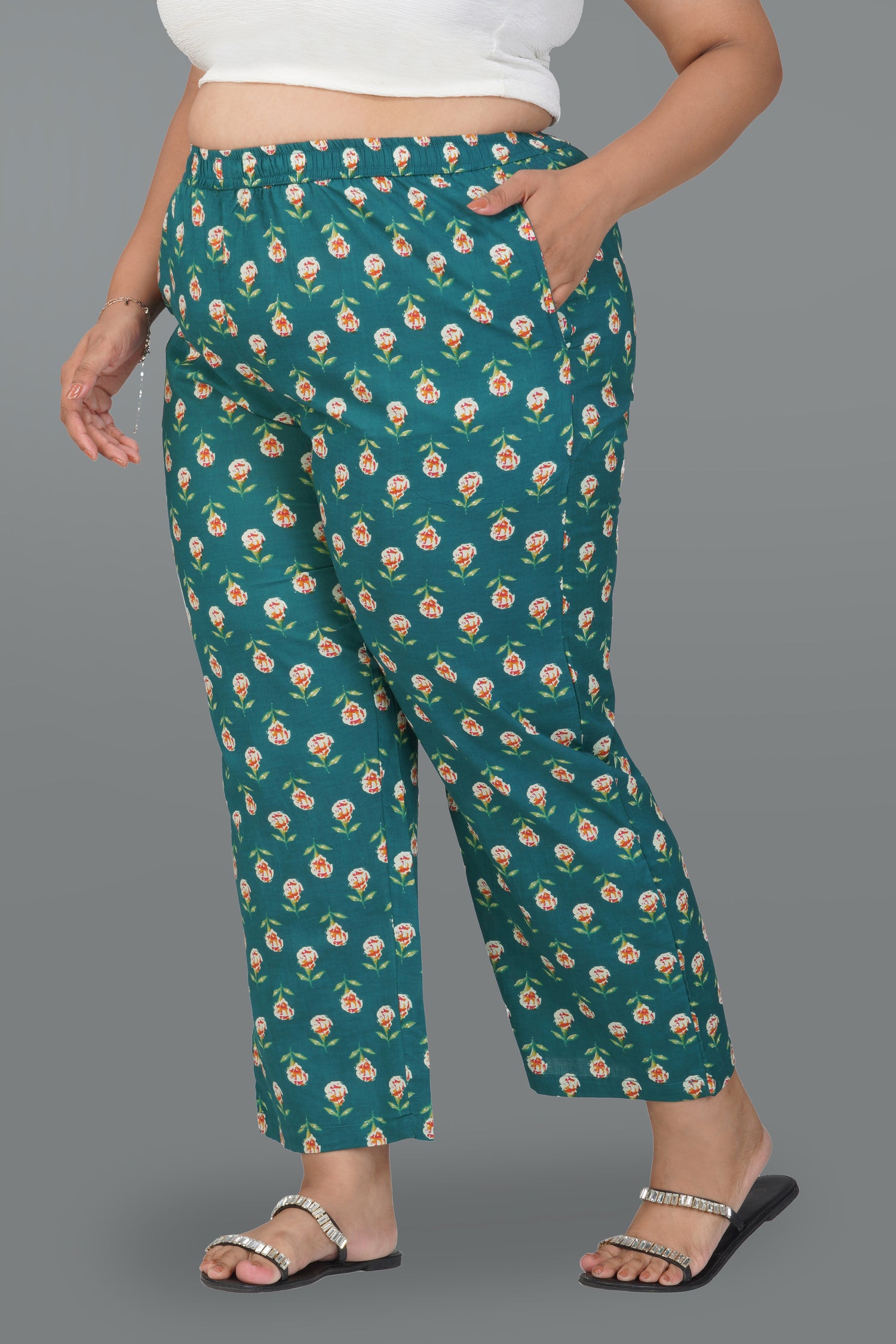 Pine Green Plus Size Cotton Printed Bottom