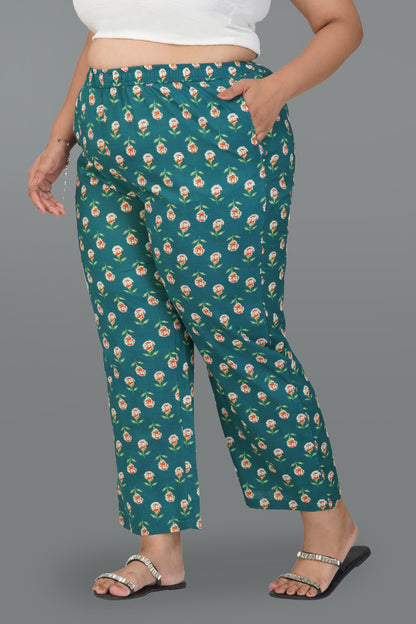 Pine Green Plus Size Cotton Printed Bottom