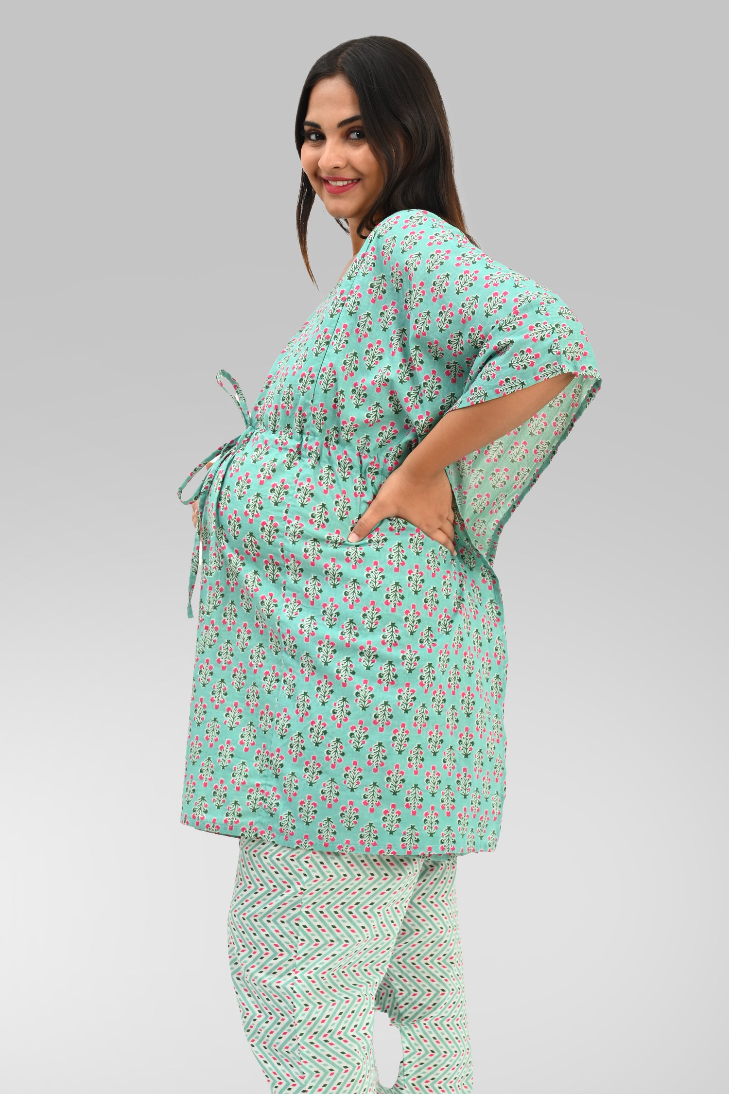 Maternity and Feeding Kaftan Set in Green