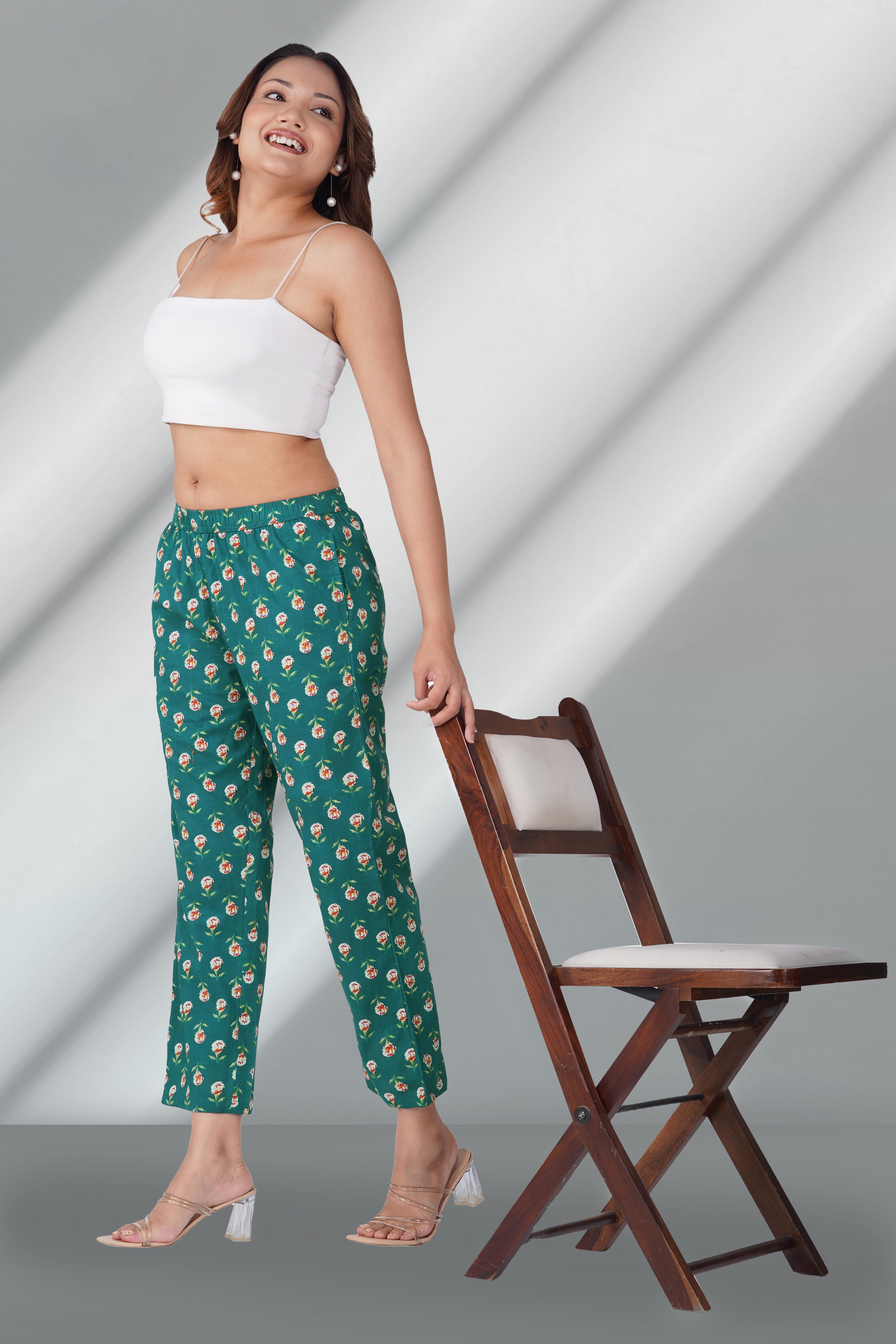 Pine Green Cotton Printed Bottom