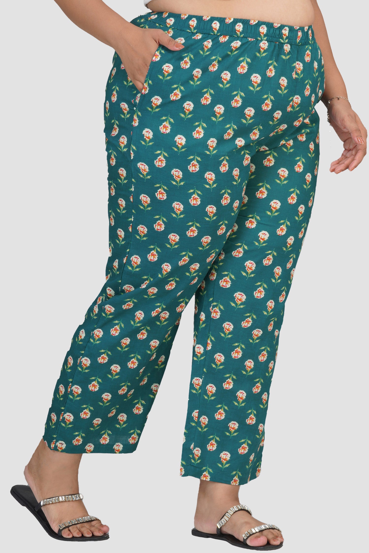Pine Green Plus Size Cotton Printed Bottom