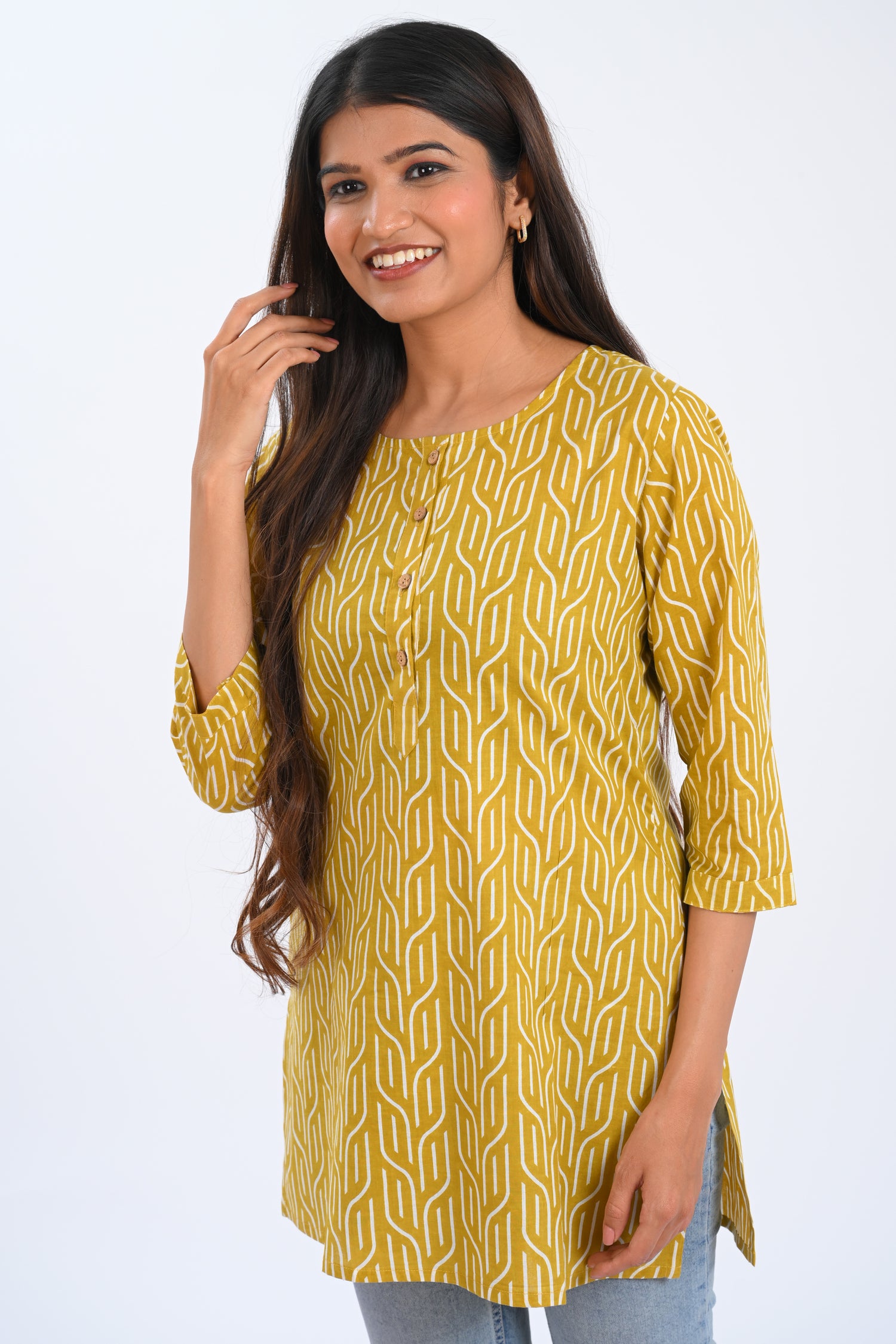 Golden Brown Cotton Printed Short Kurti