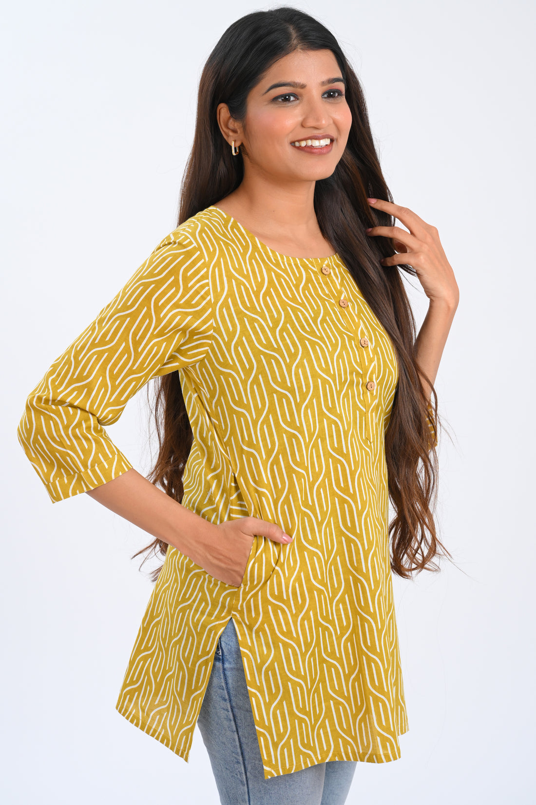Golden Brown Cotton Printed Short Kurti