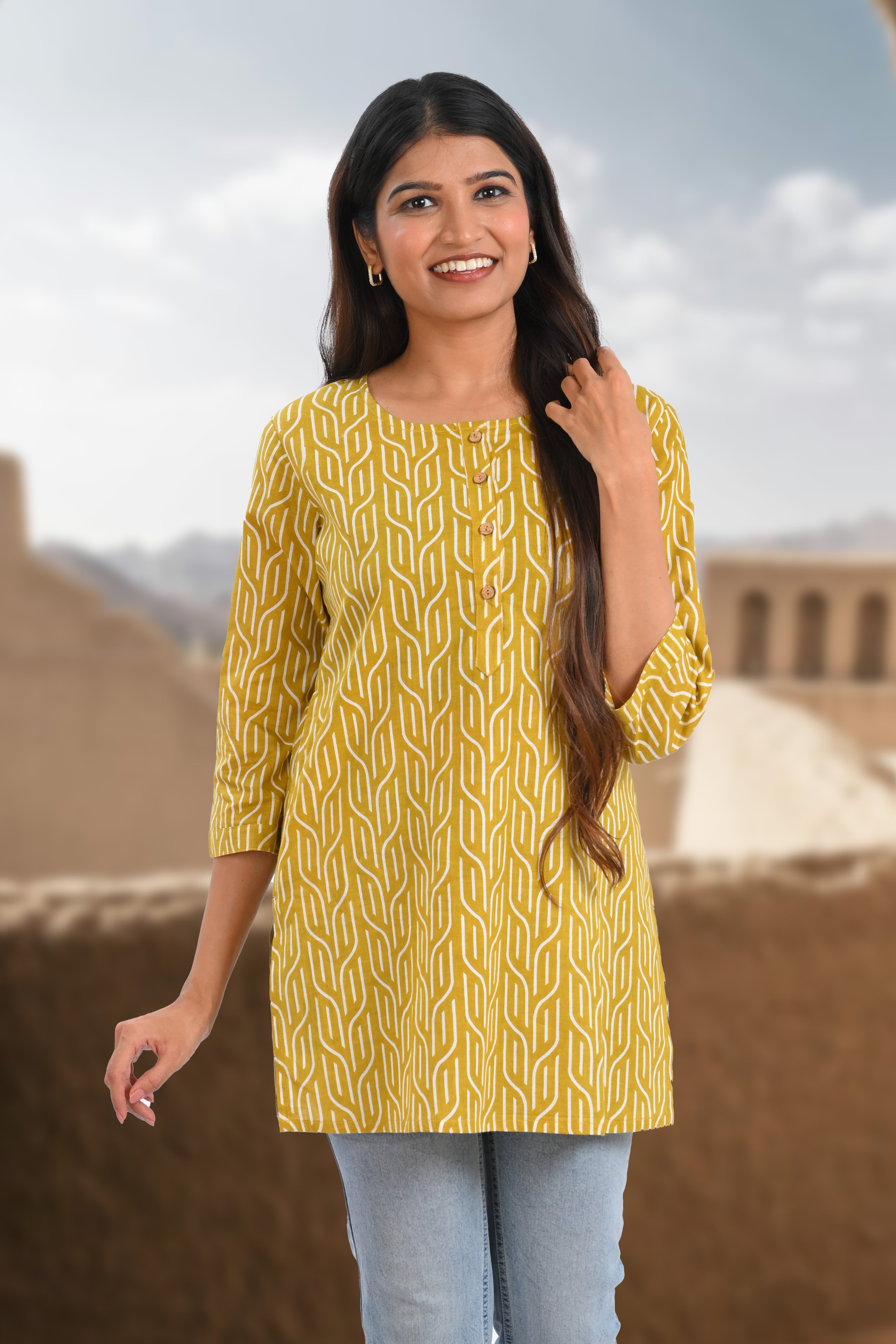 Golden Brown Cotton Printed Short Kurti