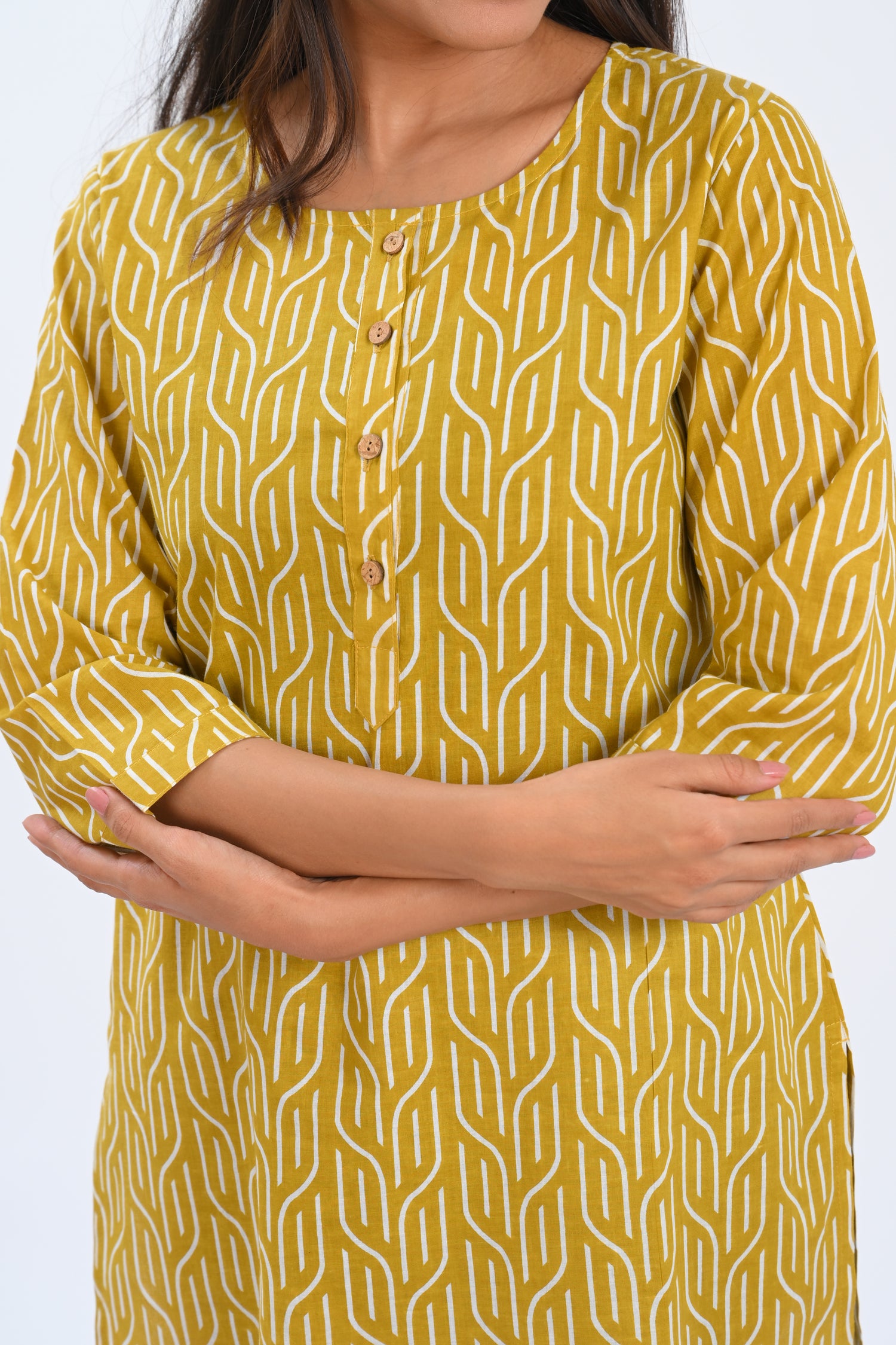 Golden Brown Cotton Printed Short Kurti