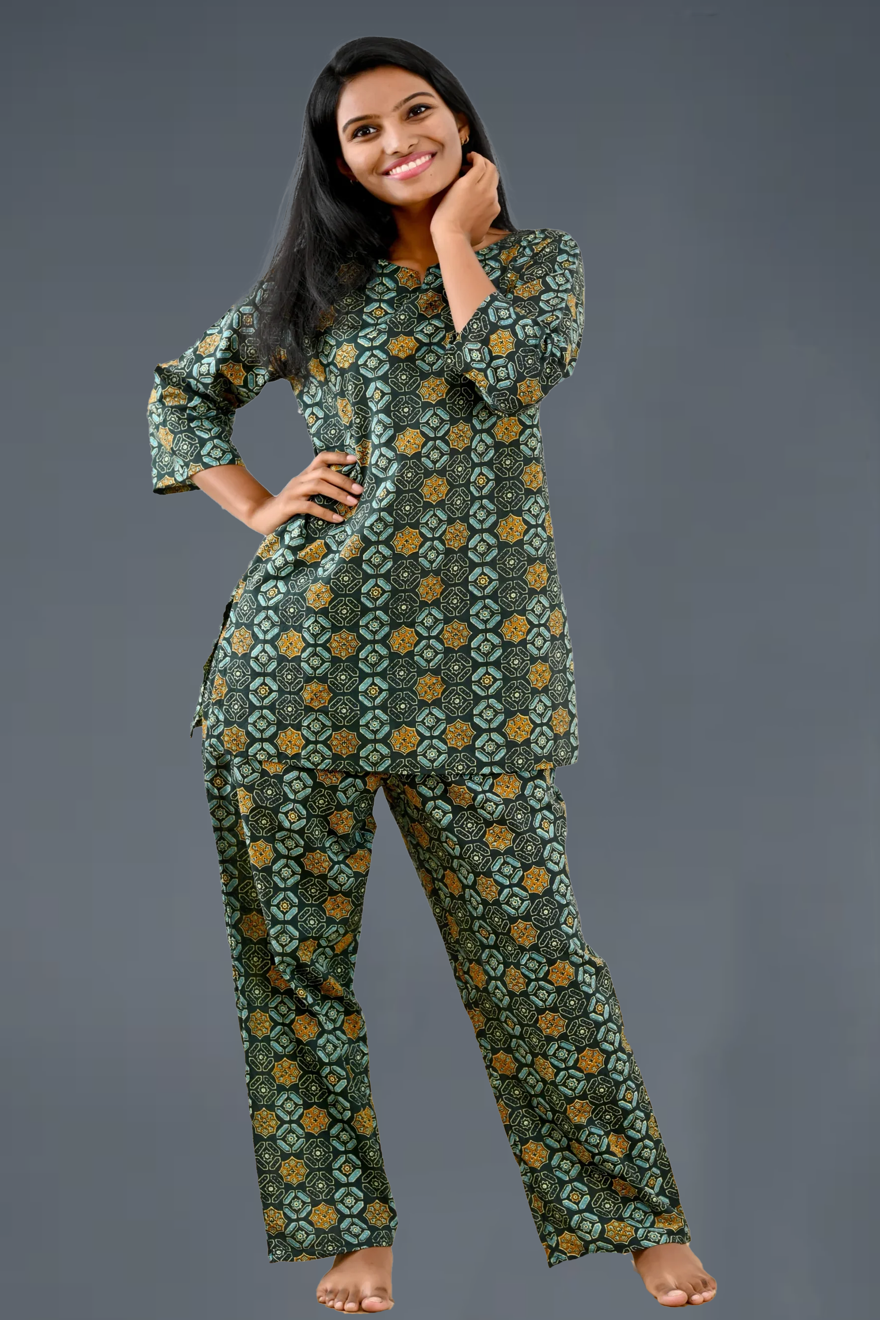 Green Cotton Printed Pyjama Set