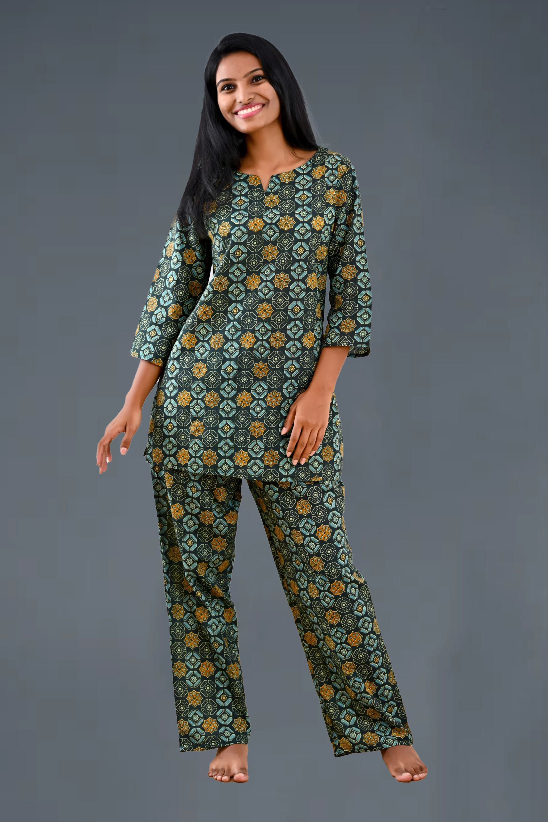 Green Cotton Printed Pyjama Set