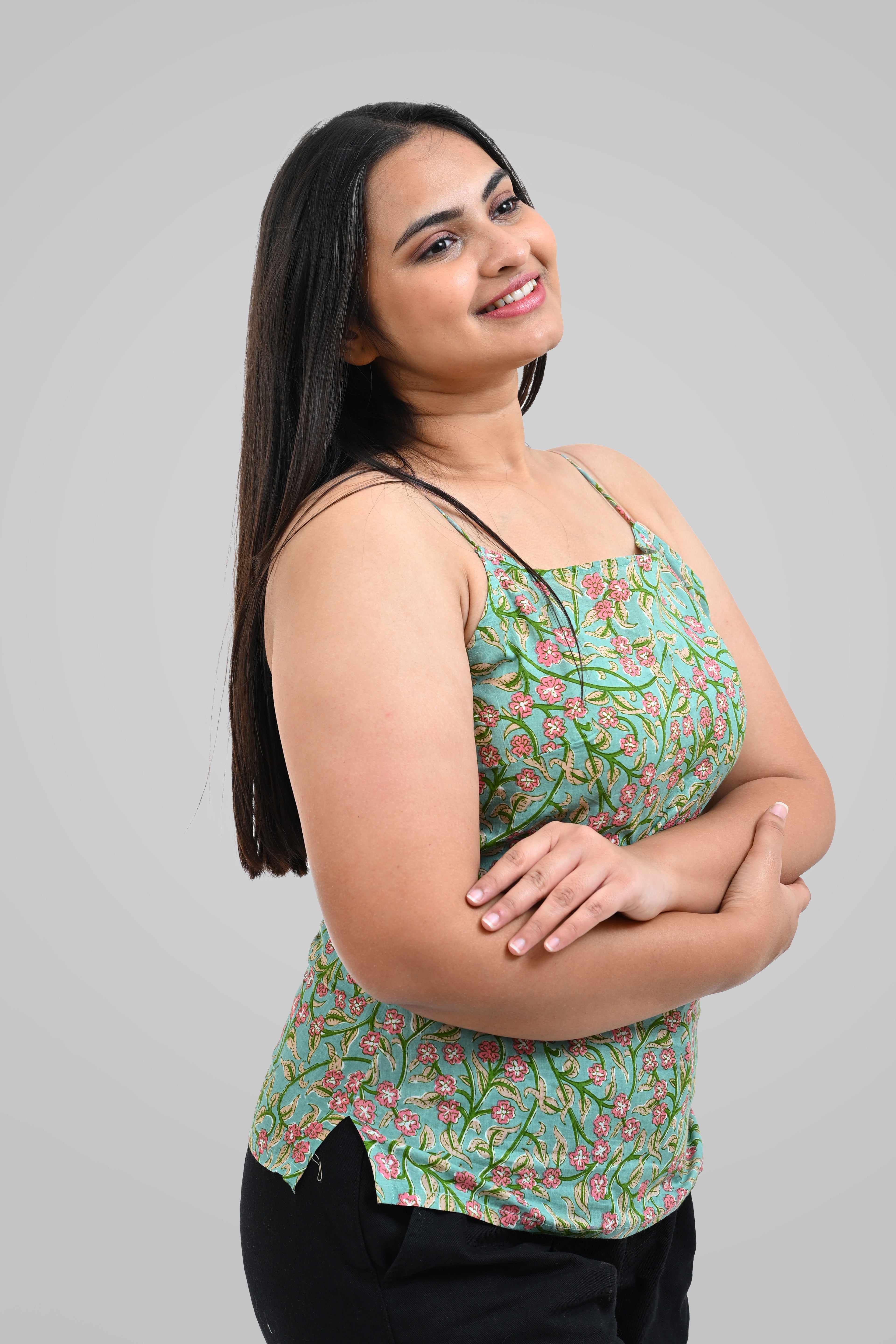 Green Floral Cotton Printed Strap Top