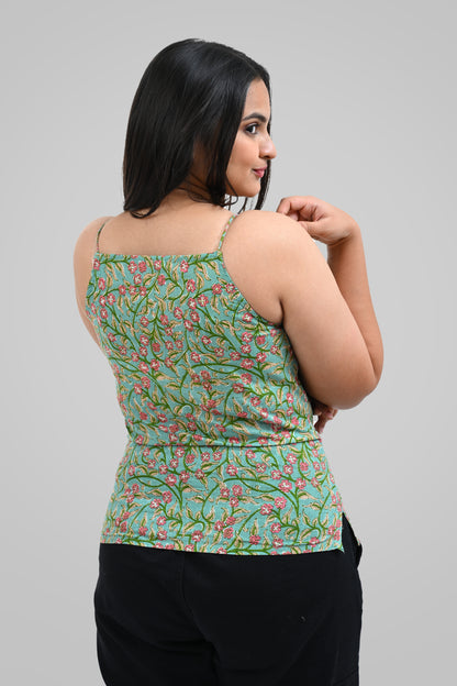 Green Floral Cotton Printed Strap Top