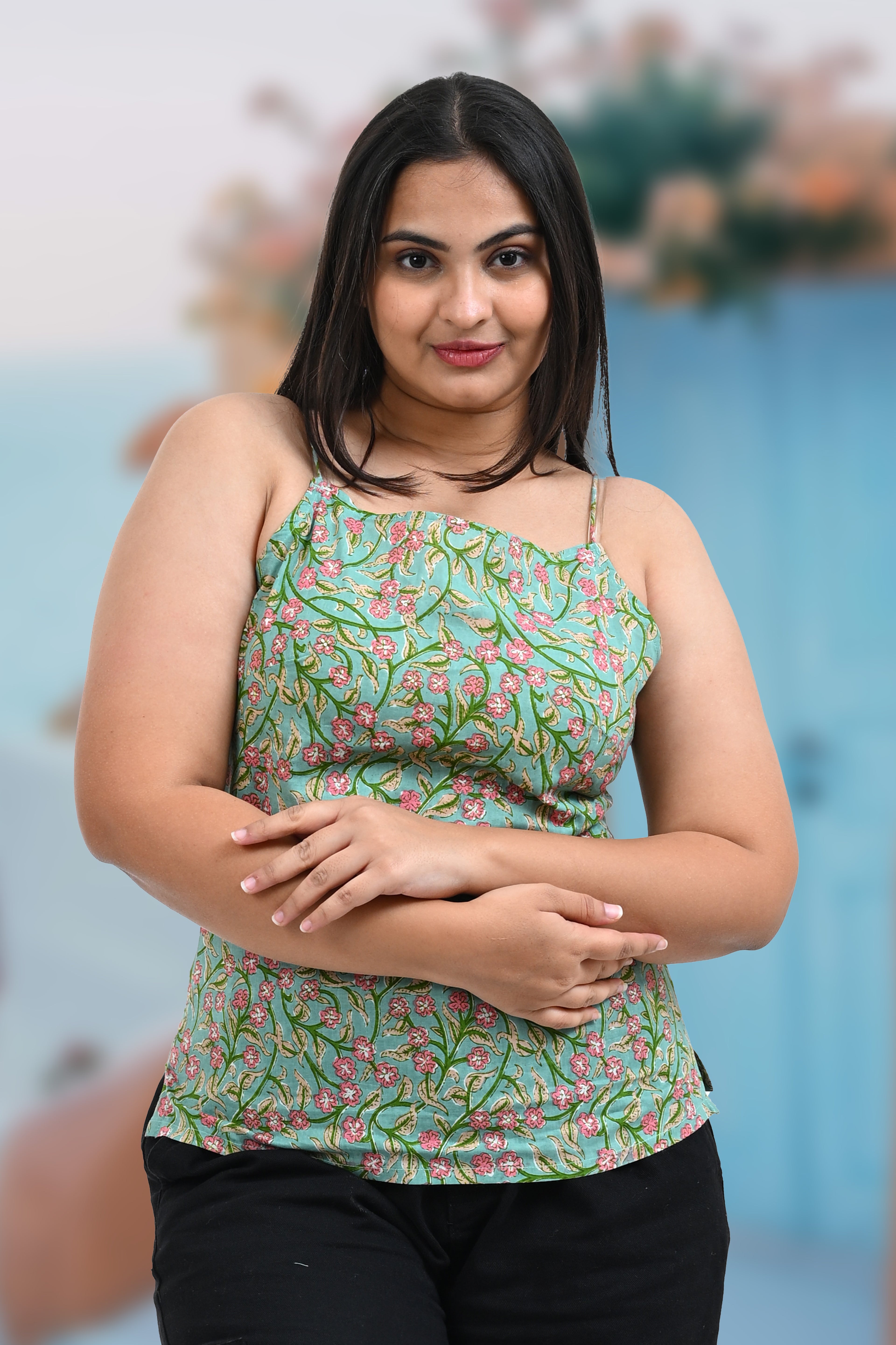 Green Floral Cotton Printed Strap Top