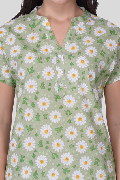 Green Notch Collar Cotton Printed Pyjama Set
