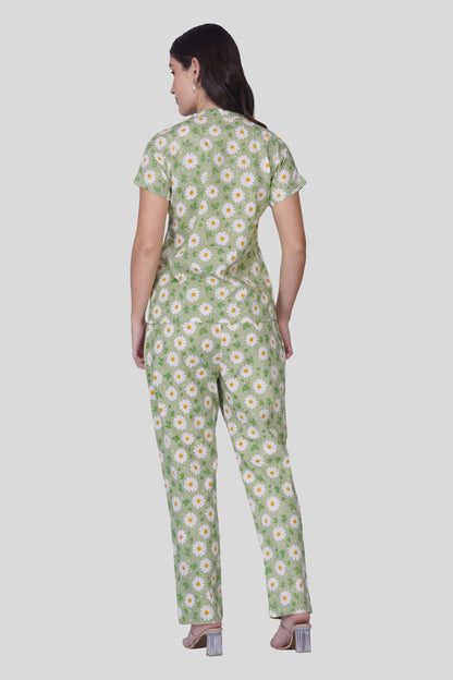 Green Notch Collar Cotton Printed Pyjama Set