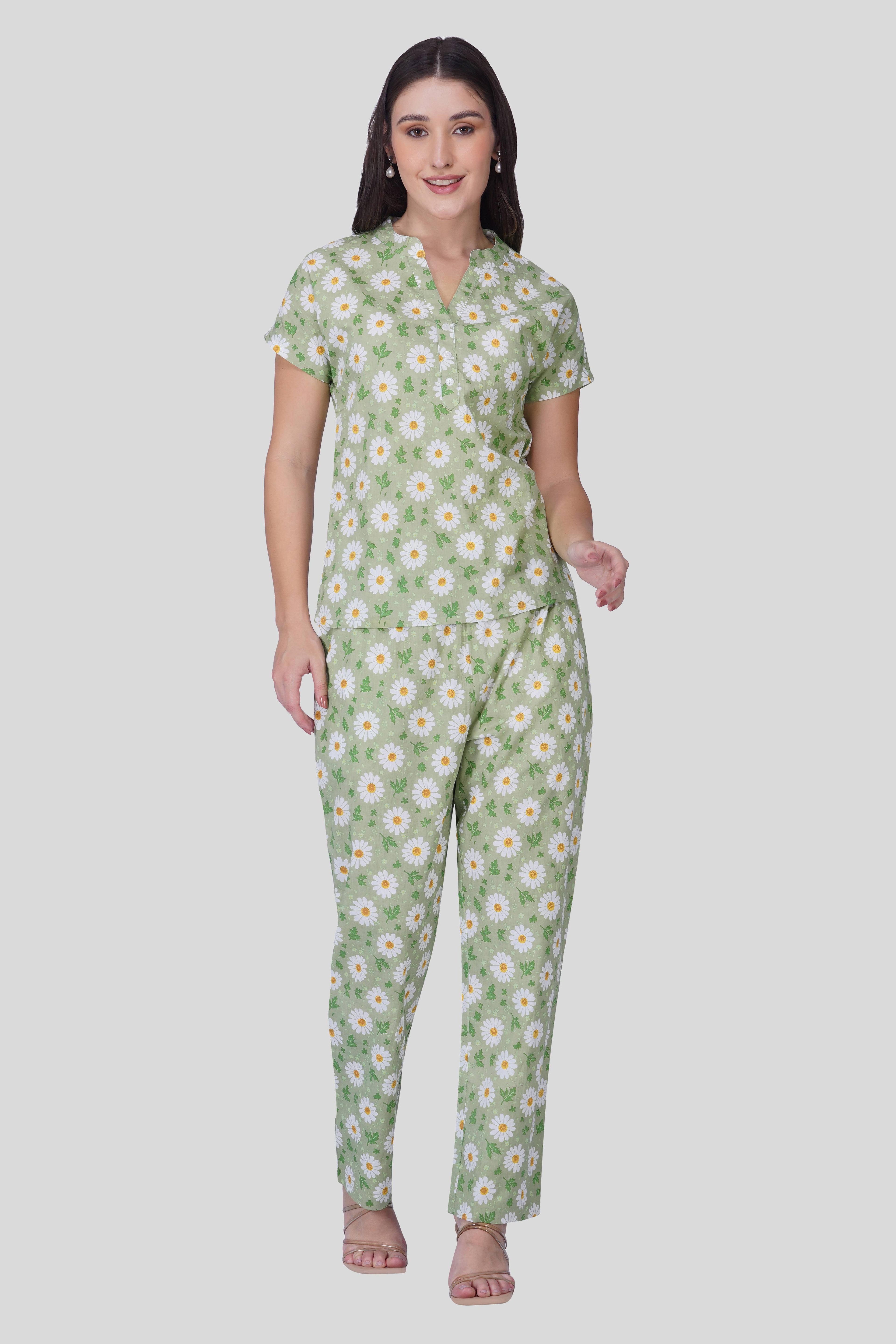 Green Notch Collar Cotton Printed Pyjama Set