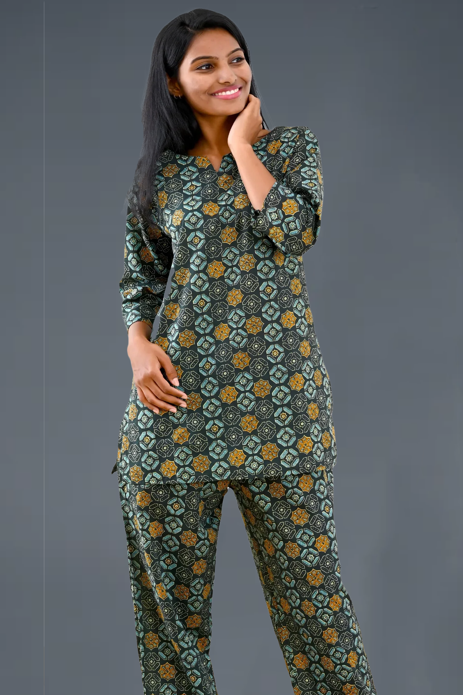 Green Cotton Printed Pyjama Set