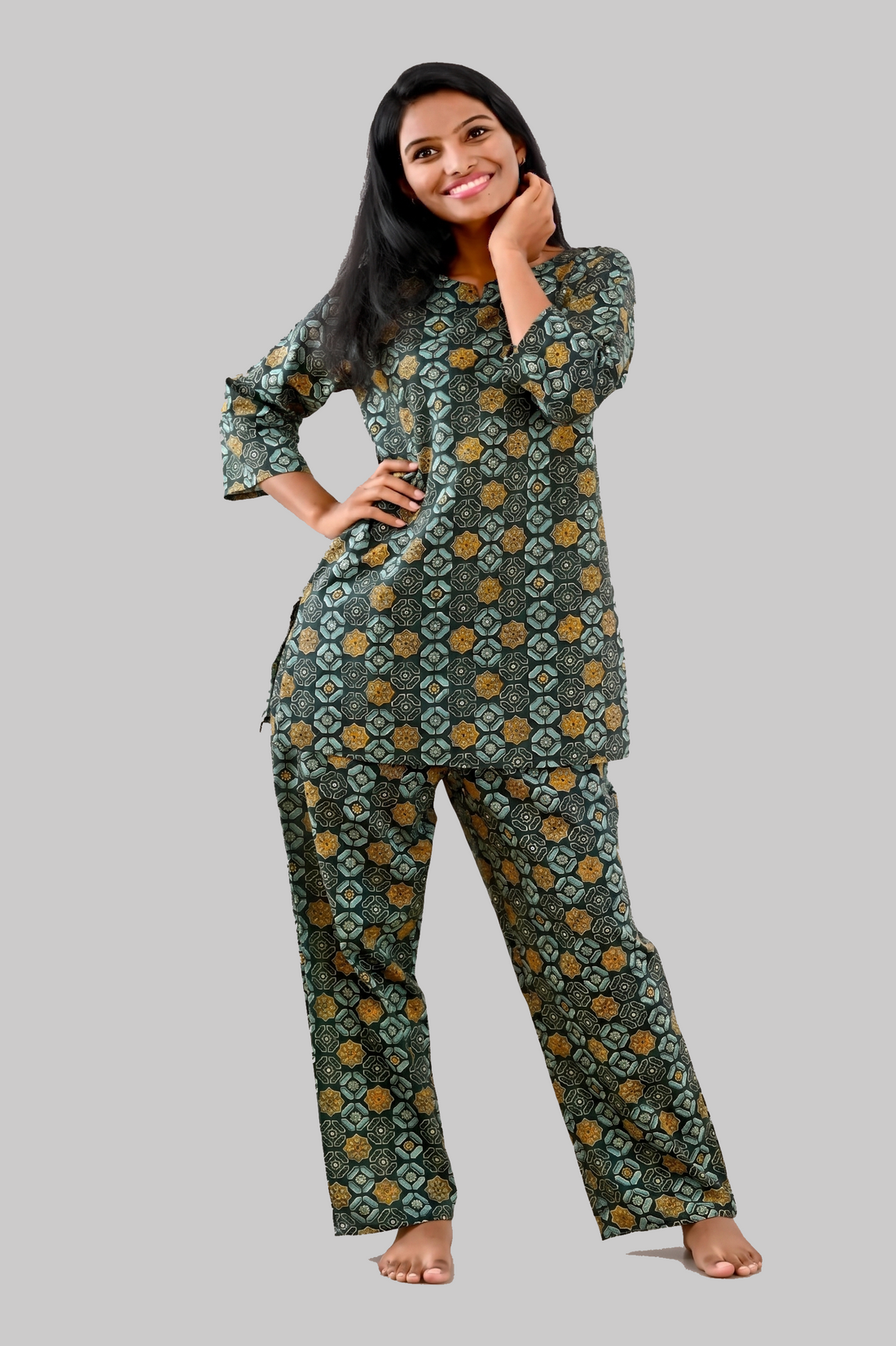 Green Cotton Printed Pyjama Set