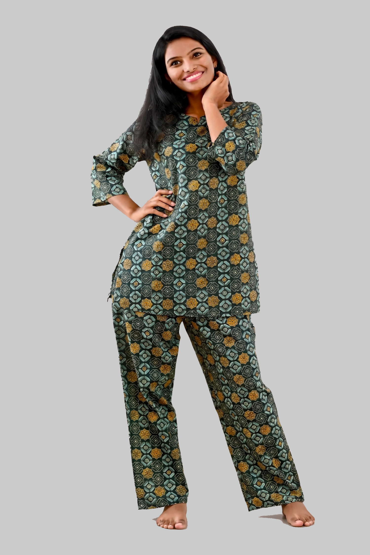 Green Cotton Printed Pyjama Set