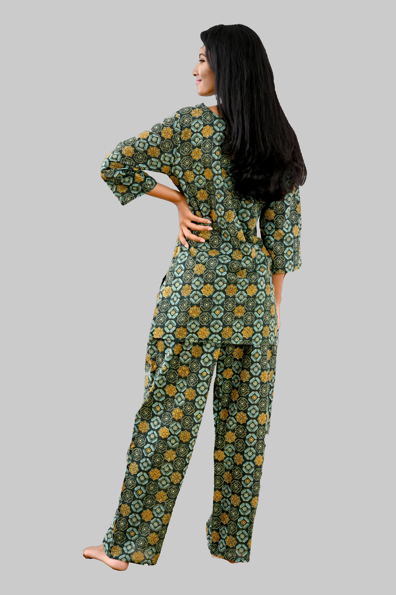 Green Cotton Printed Pyjama Set